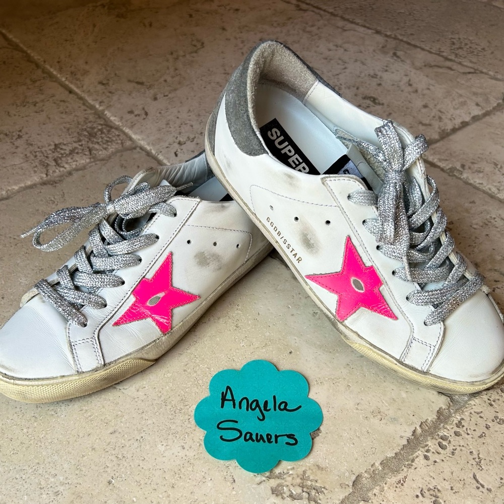 Golden Goose White Sneakers with Pink Star and Silver Laces